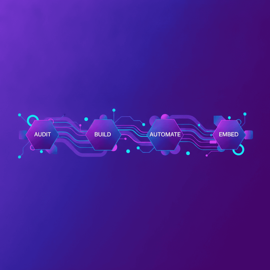 Die vier Prozessschritte Audit, Build, Automate, Embed in leuchtenden, verbundenen Hexagonen auf digitalem Hintergrund